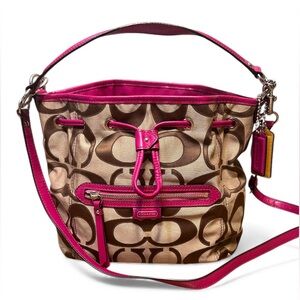 Coach Daisy Bag Signature Outlines Drawstring Bucket Purse Brown Magenta F25675